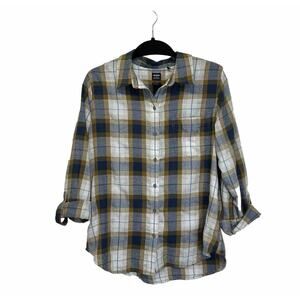 prAna Plaid Flannel Shirt Blue & Yellow Plaid Button Up Size Small Front‎ Pocket